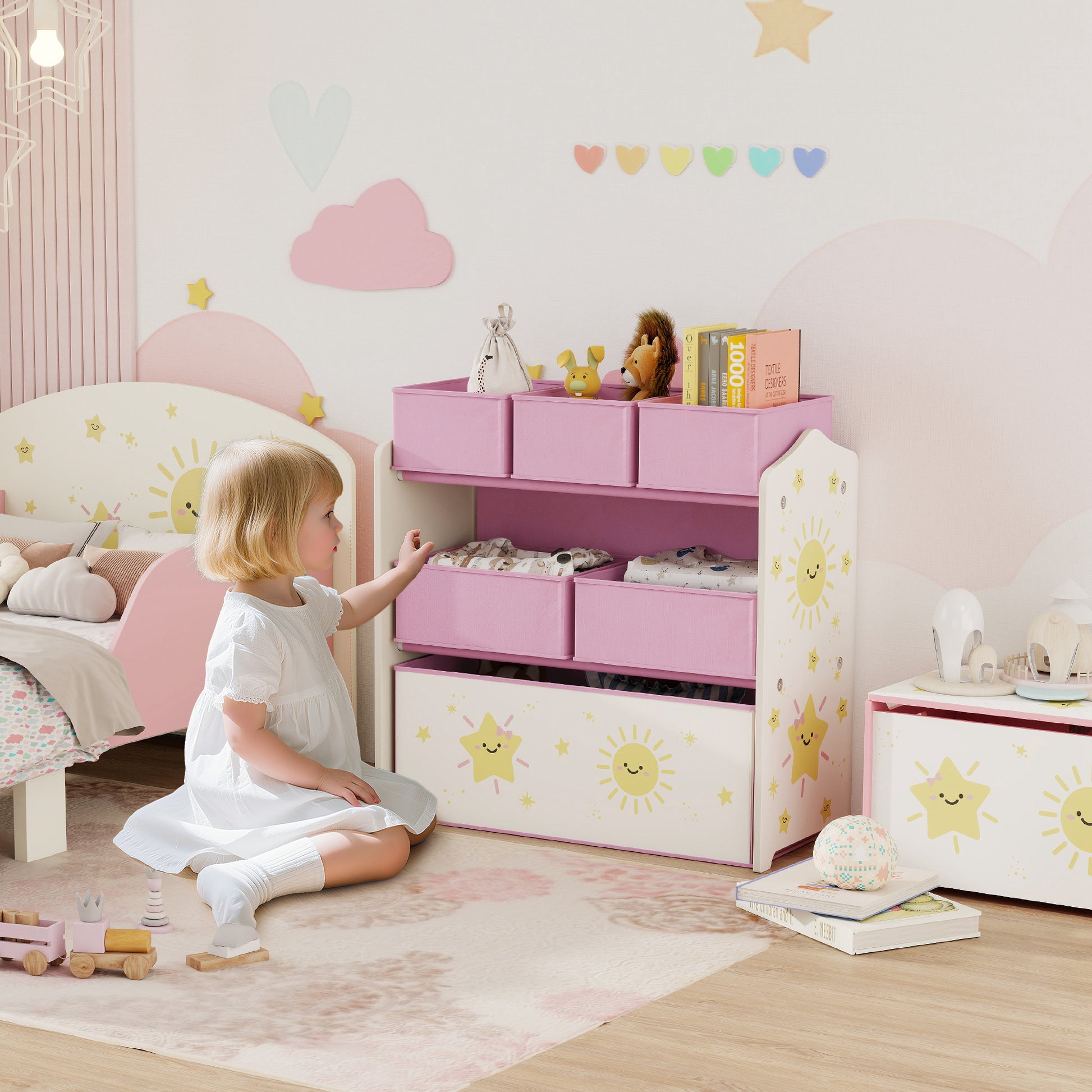 Pink HOMCOM 3-tier kids toy storage unit with six removable boxes, ideal for bedrooms and playrooms.