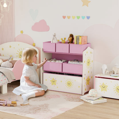 Pink HOMCOM 3-tier kids toy storage unit with six removable boxes, ideal for bedrooms and playrooms.