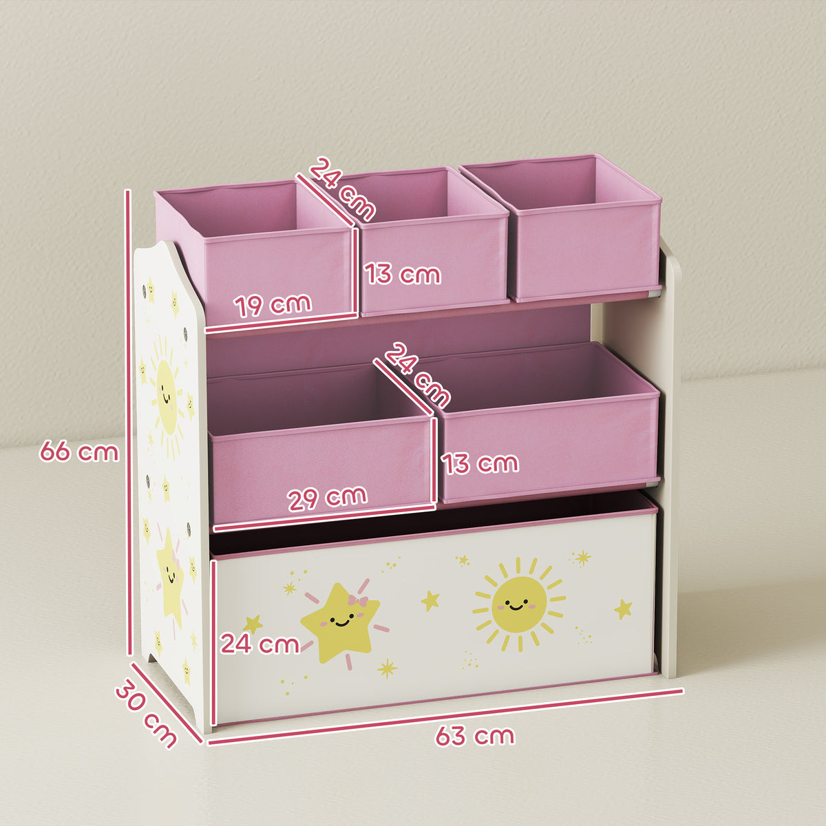 Pink HOMCOM 3-tier kids toy storage unit with six removable boxes, ideal for bedrooms and playrooms.