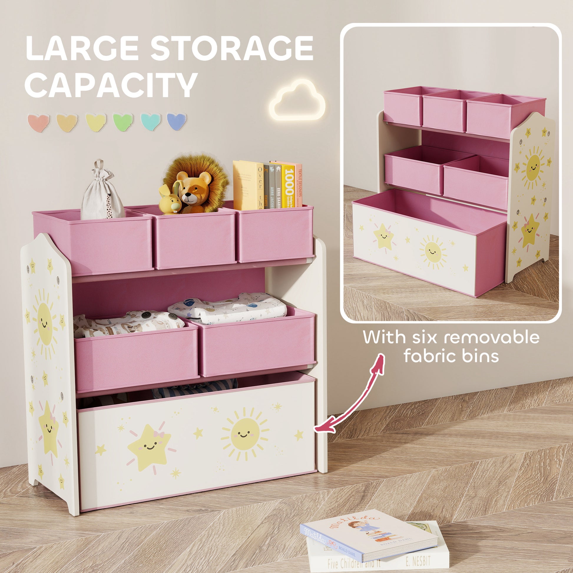 Pink HOMCOM 3-tier kids toy storage unit with six removable boxes, ideal for bedroom or playroom organization.
