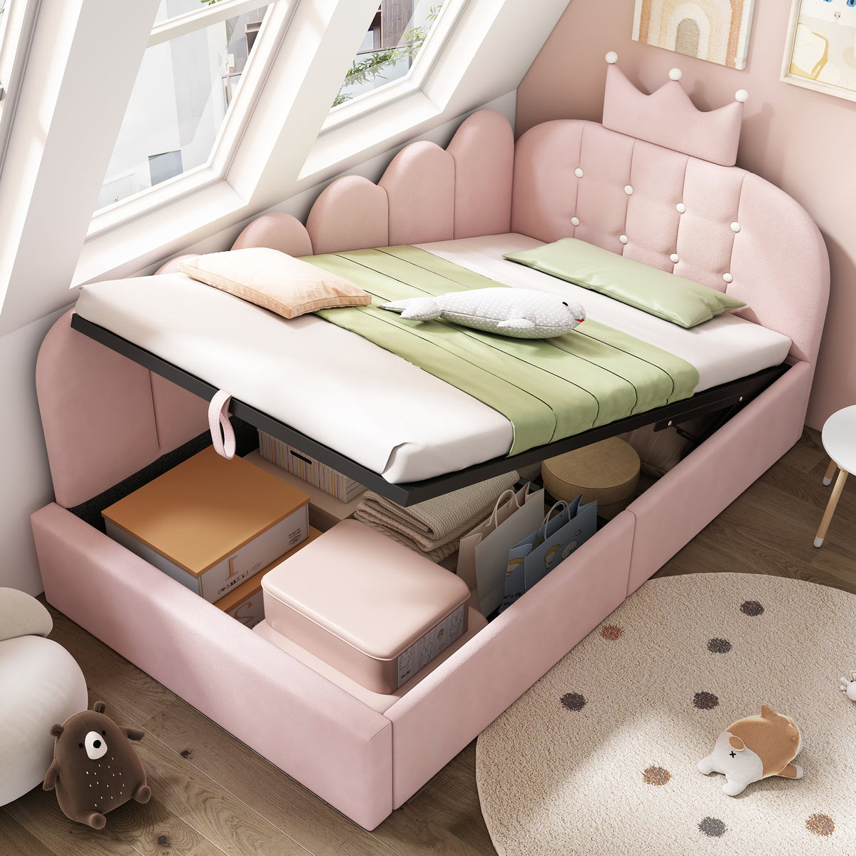 Pink velvet daybed with crown headboard and hydraulic storage, 3ft single sofa bed by HOMCOM.