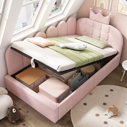 Pink velvet daybed with crown headboard and hydraulic storage, 3ft single sofa bed by HOMCOM.