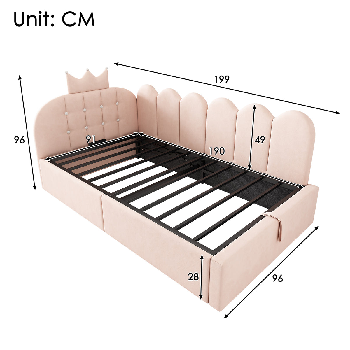 Pink velvet daybed with hydraulic storage and crown headboard, 3ft single sofa bed by HOMCOM, shown with plush upholstery and elegant design.