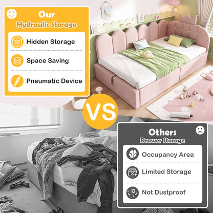 Pink velvet HOMCOM daybed with hydraulic storage, 3ft single sofa bed featuring a crown headboard and plush upholstery.
