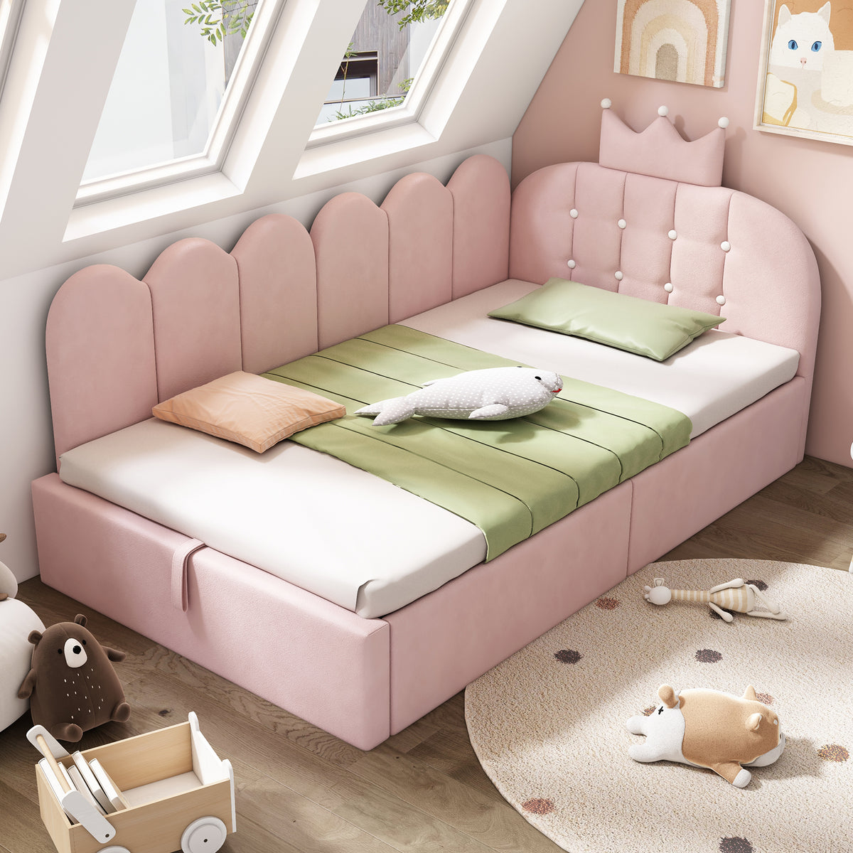 Pink velvet daybed with crown headboard and hydraulic storage, 3ft single sofa bed by HOMCOM, featuring plush fabric and elegant design.