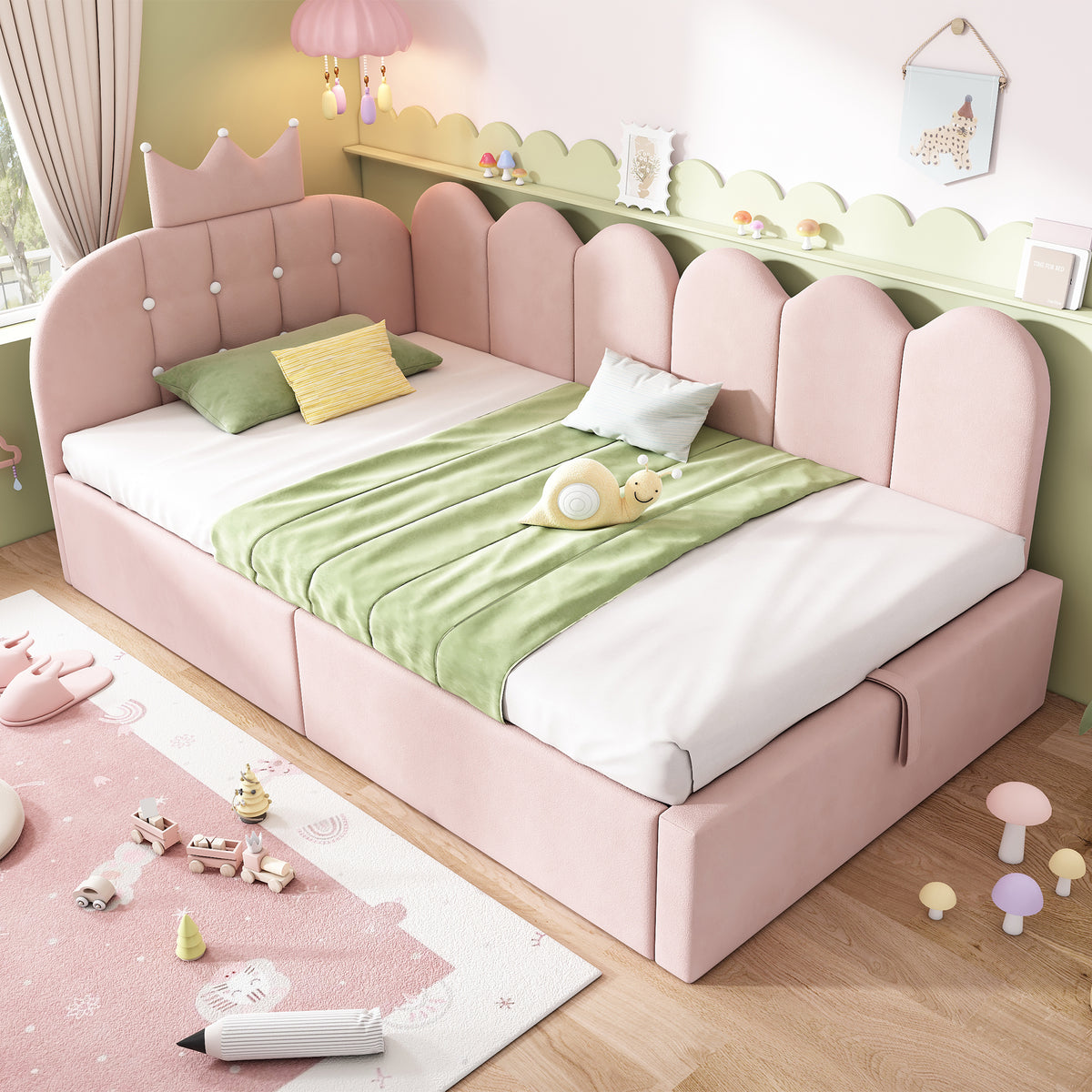 Pink velvet HOMCOM daybed with hydraulic storage, crown headboard, 3ft single sofa bed, stylish and functional furniture piece.