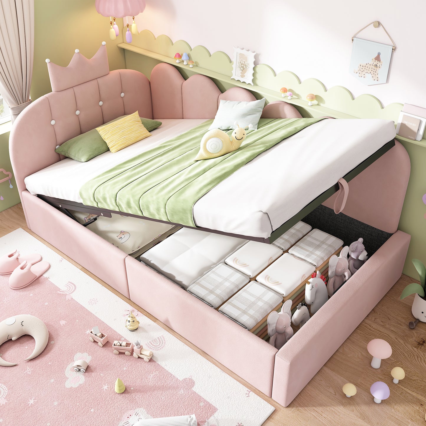 Pink velvet daybed with crown headboard and hydraulic storage, 3ft single sofa bed by HOMCOM.