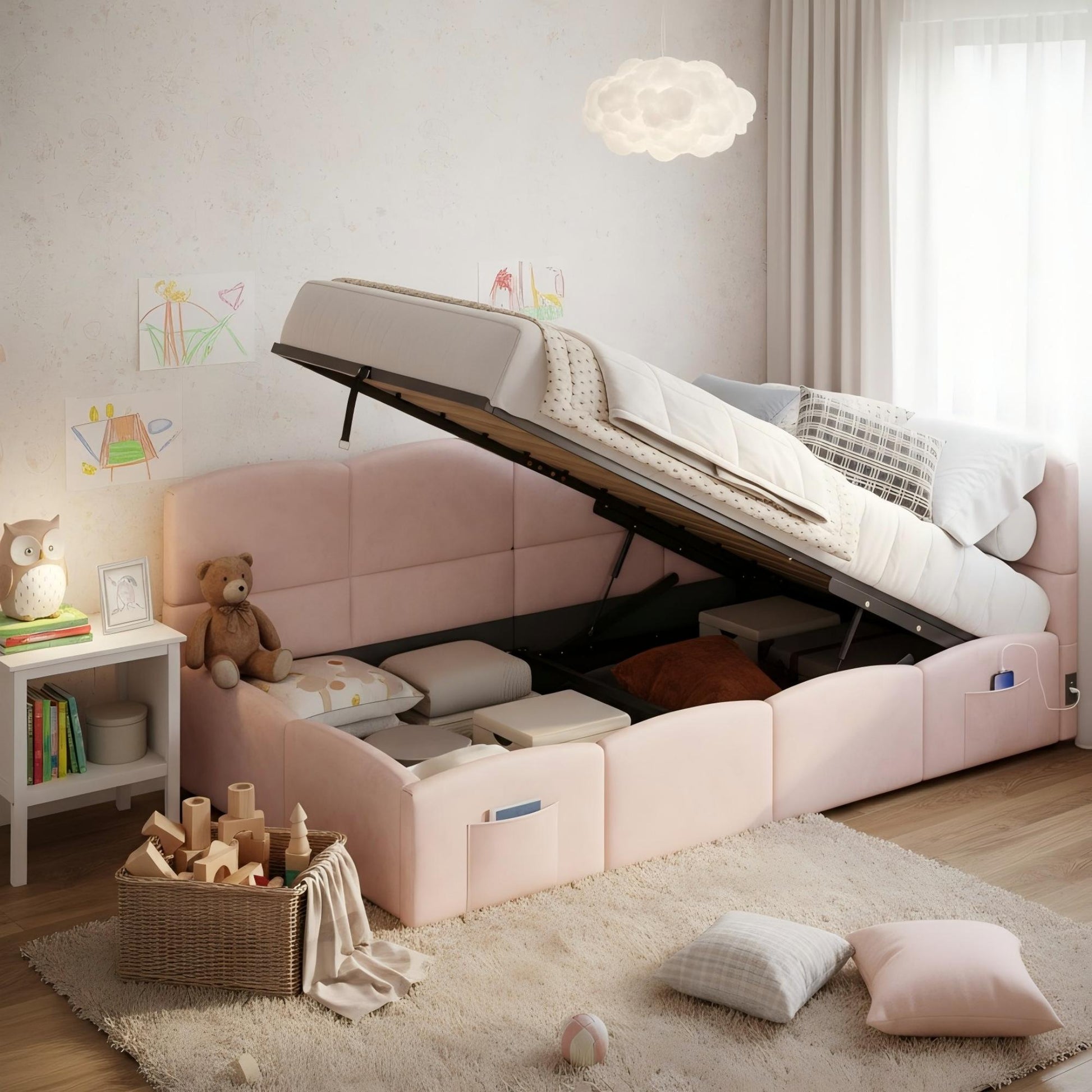 Pink velvet HOMCOM daybed with hydraulic storage and USB charging, 3ft single sofa bed, showcasing plush upholstery and functional design.