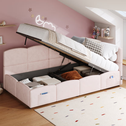Pink velvet daybed with hydraulic storage and USB charging, 3ft single sofa bed by HOMCOM, featuring plush upholstery and modern design.