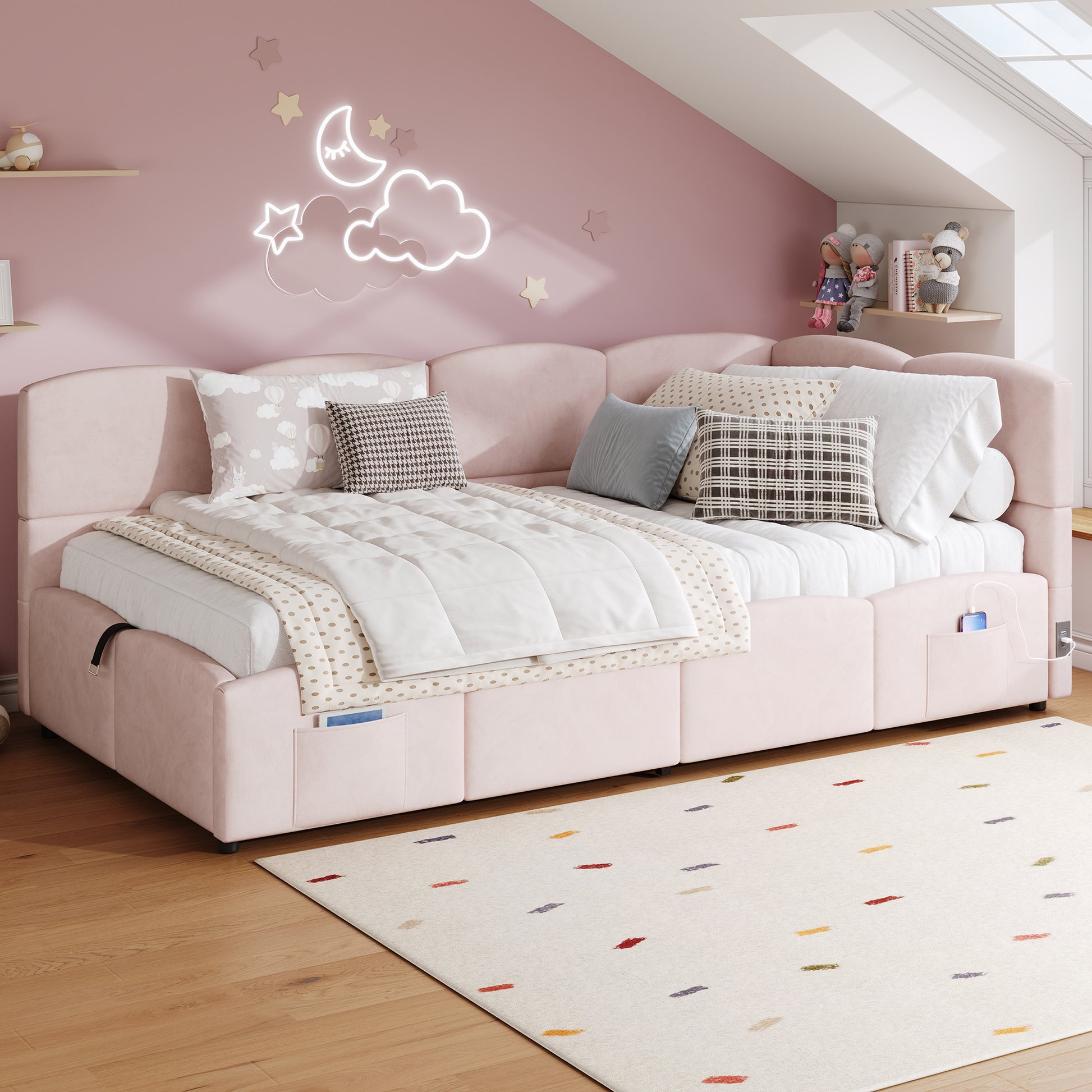 Pink velvet HOMCOM daybed with hydraulic storage and USB charging, 3ft single sofa bed, showcasing plush fabric and sleek design.