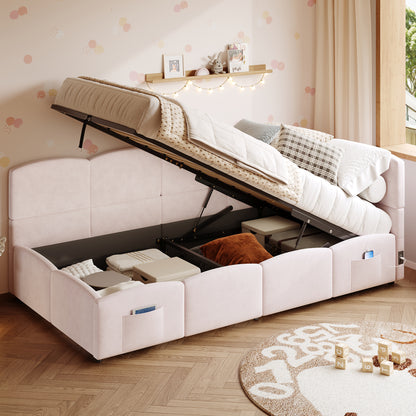 Pink velvet daybed with hydraulic storage and USB charging port, 3ft single sofa bed by HOMCOM, shown with plush cushions and modern design.