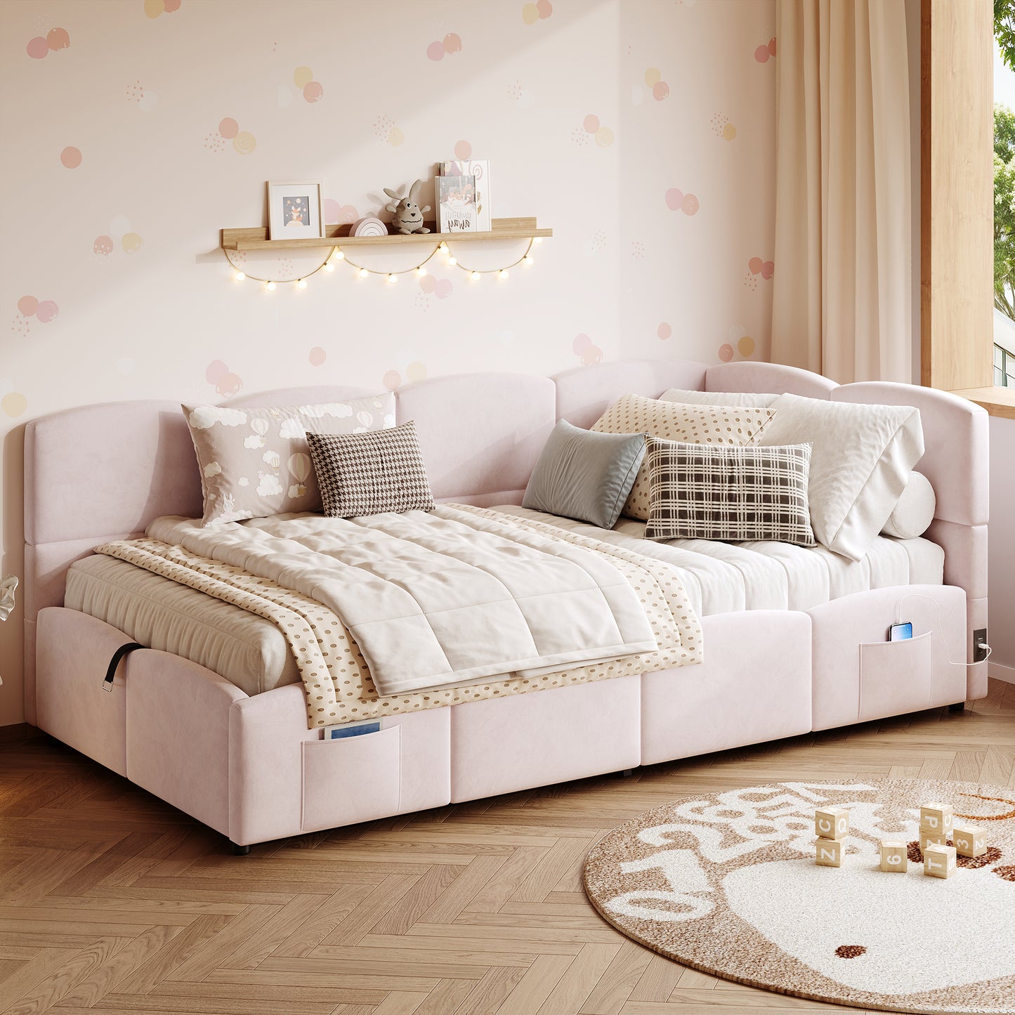 Pink velvet daybed with hydraulic storage and USB charging, 3ft single sofa bed by HOMCOM, featuring plush upholstery.