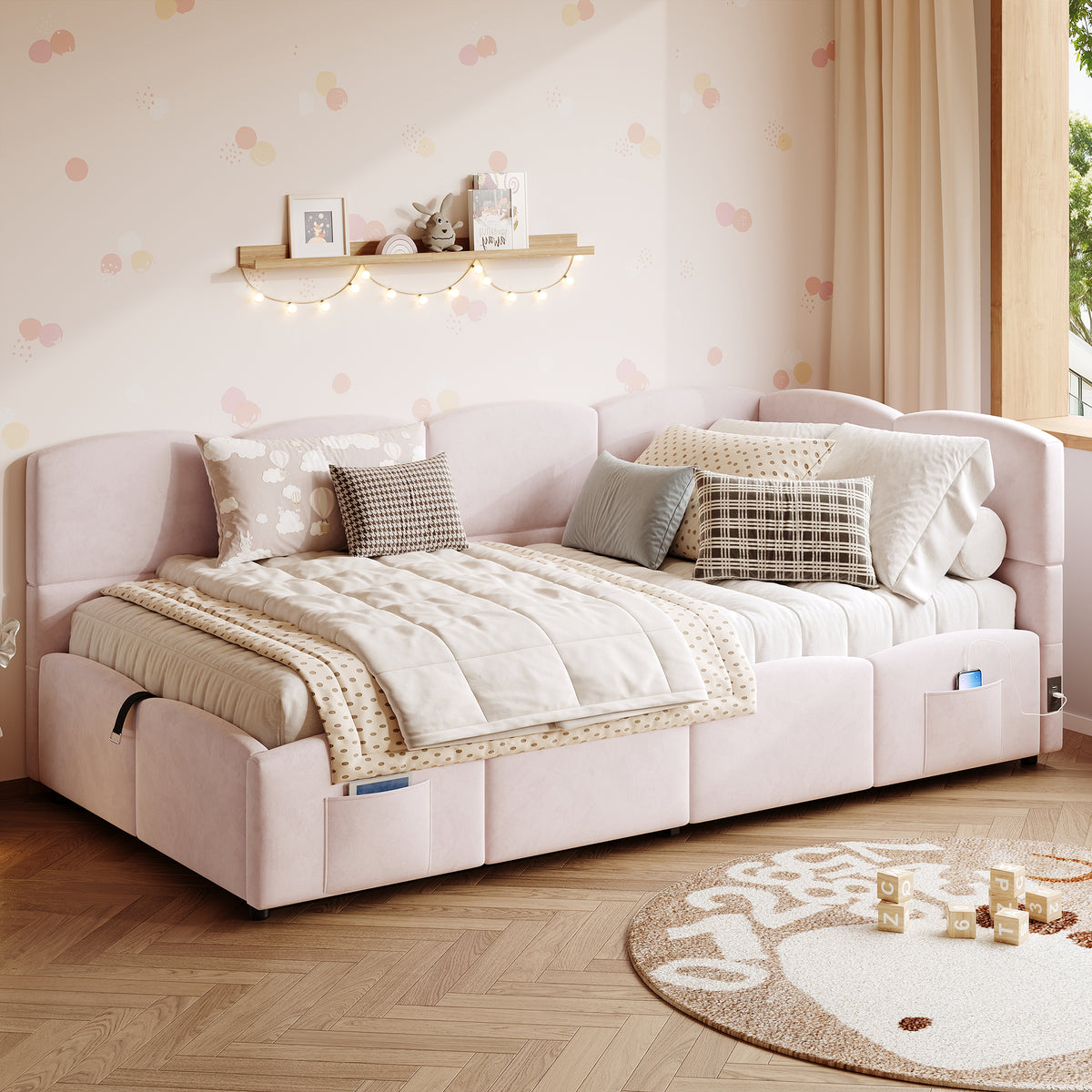Pink velvet daybed with hydraulic storage and USB charging, 3ft single sofa bed by HOMCOM, featuring plush upholstery.