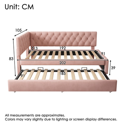 Pink velvet daybed with pull-out trundle, HOMCOM 3ft single sofa bed suitable for children and guests, stylish and comfortable.
