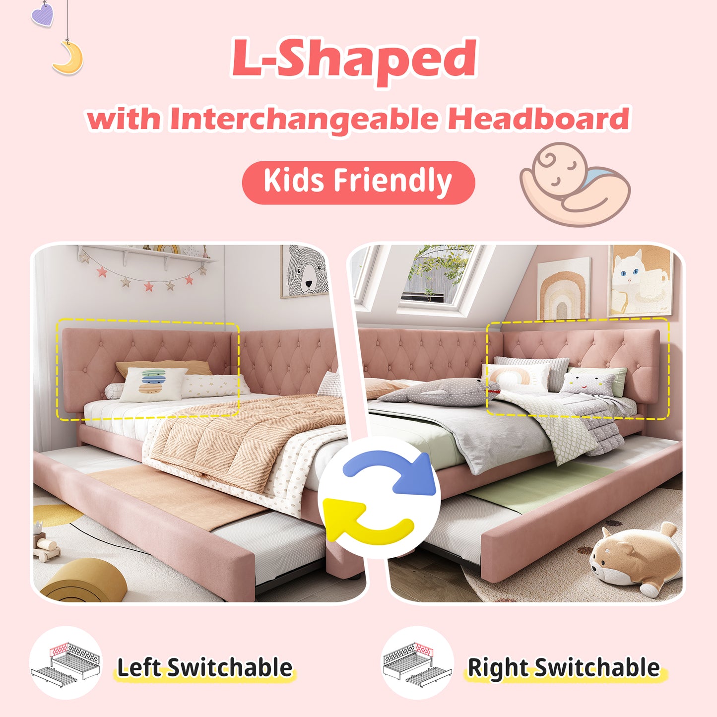 Pink velvet daybed with pull-out trundle bed, HOMCOM 3ft single sofa bed for children and guests, with cushioned backrest and armrests.