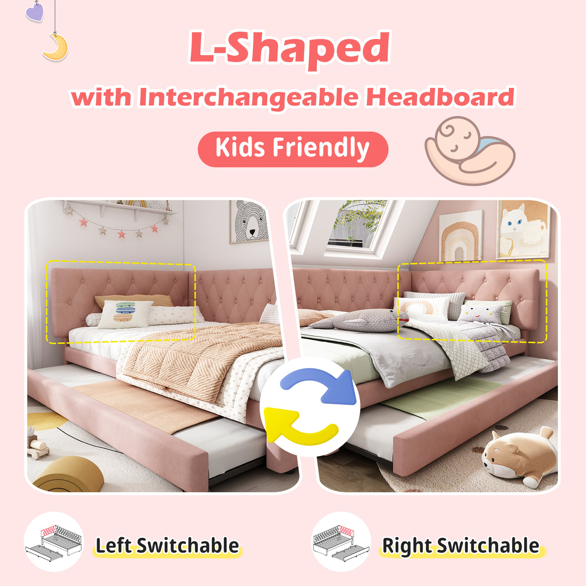 Pink velvet daybed with pull-out trundle bed, HOMCOM 3ft single sofa bed for children and guests, with cushioned backrest and armrests.
