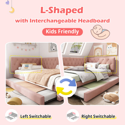 Pink velvet daybed with pull-out trundle bed, HOMCOM 3ft single sofa bed for children and guests, with cushioned backrest and armrests.