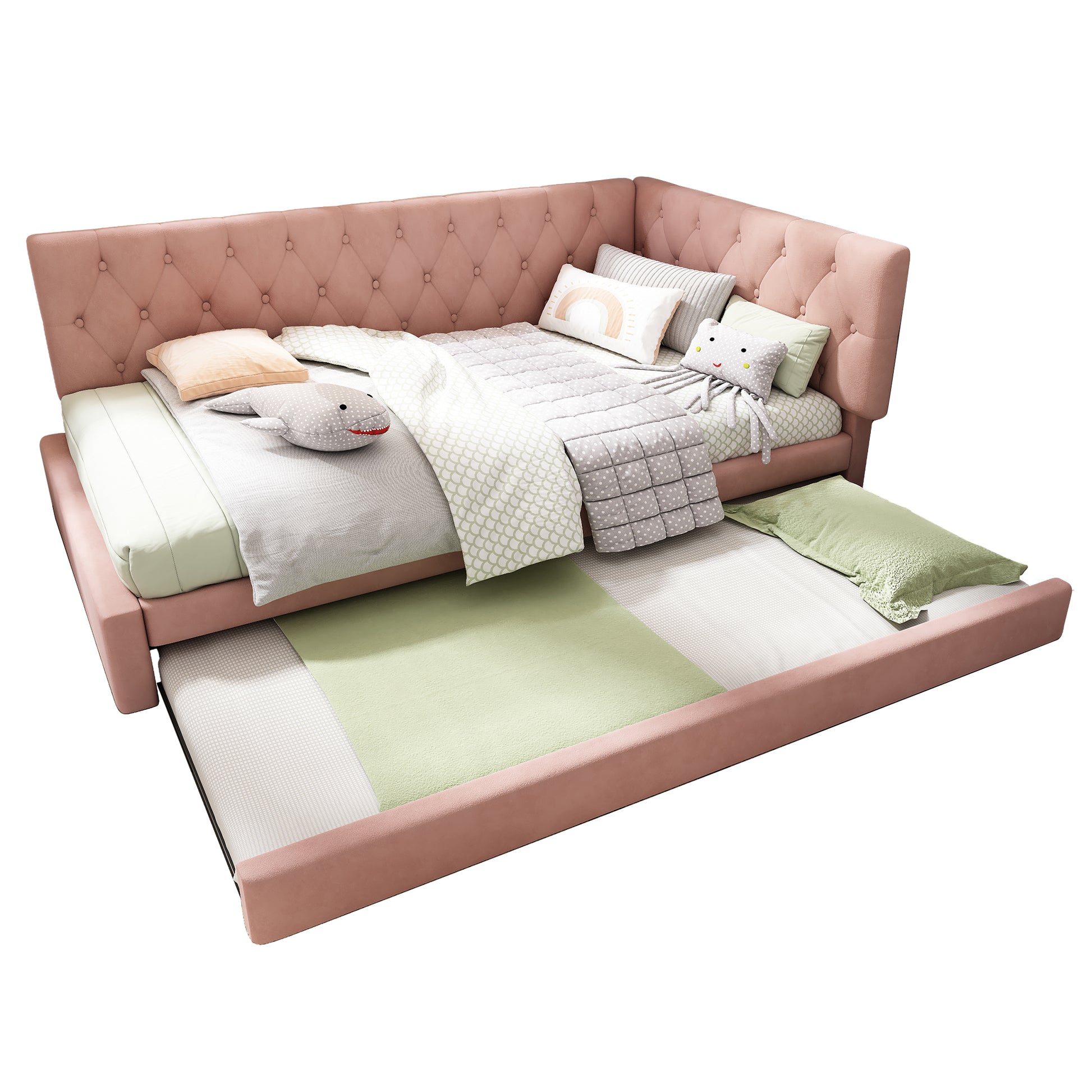 Pink velvet HOMCOM daybed with pull-out trundle, 3ft single sofa bed for children and guests, with plush upholstery and modern design.