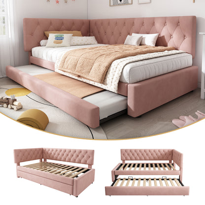 Pink velvet HOMCOM daybed with pull-out trundle, 3ft single sofa bed for children and guests, featuring a stylish, plush design.