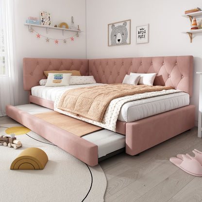 Pink velvet daybed with pull-out trundle bed, HOMCOM 3ft single sofa bed for children and guests, stylish and functional furniture.
