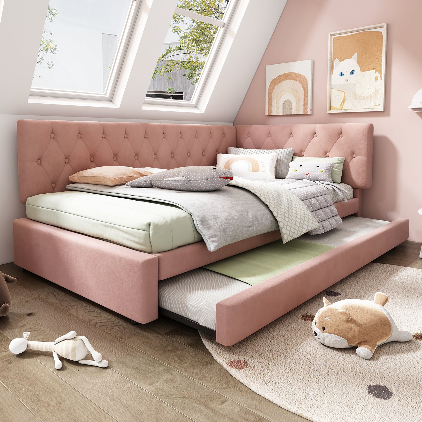 Pink velvet HOMCOM daybed with pull-out trundle, 3ft single sofa bed for children and guests, stylish and functional furniture.