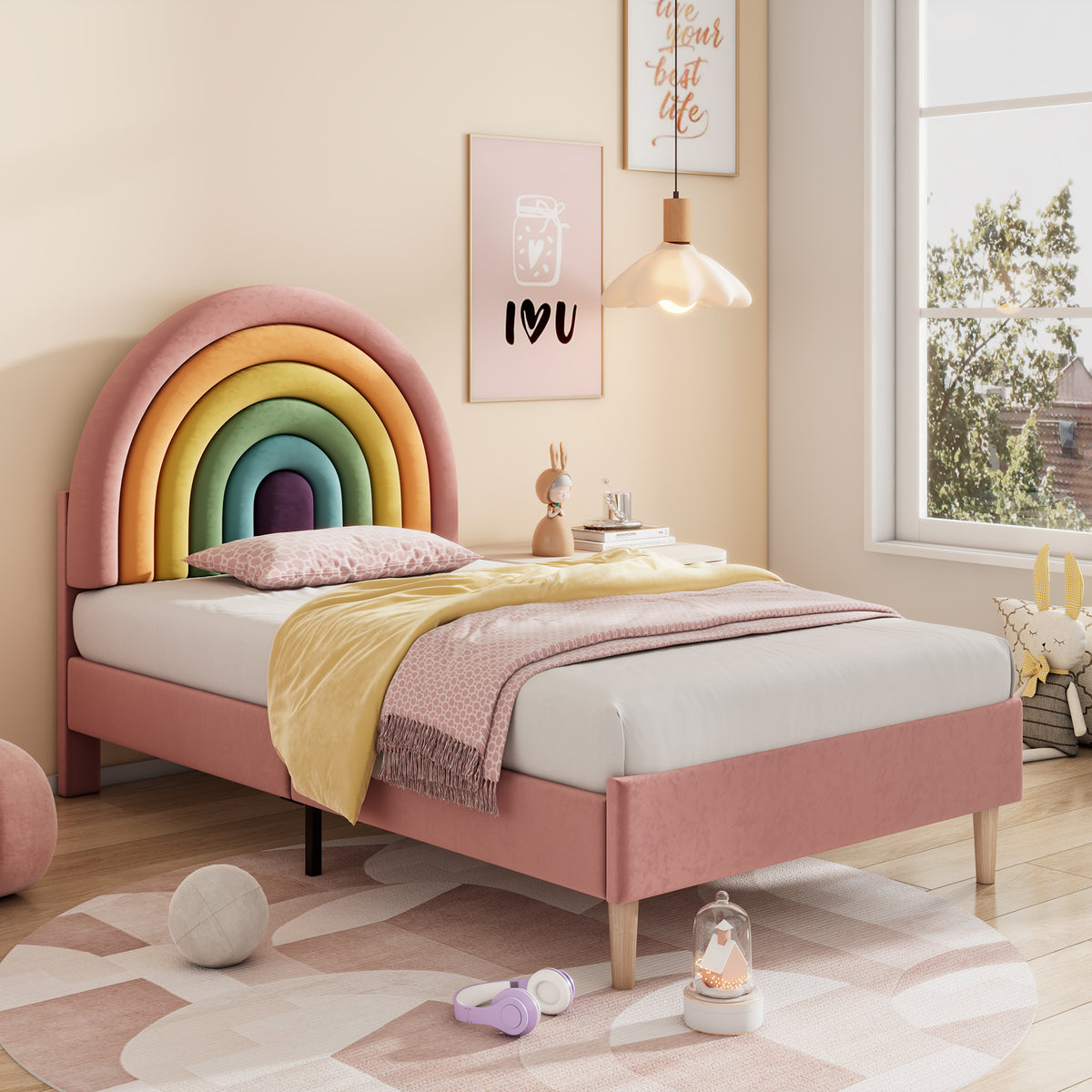 Pink velvet single bed frame with a colorful rainbow headboard, ideal for kids and teens, upholstered by HOMCOM.