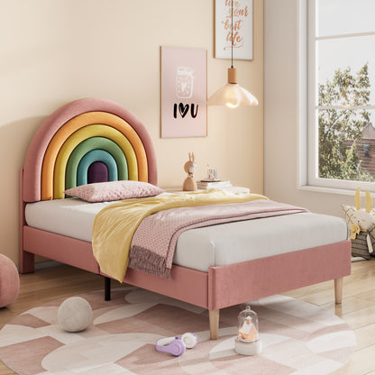 Pink velvet single bed frame with a colorful rainbow headboard, ideal for kids and teens, upholstered by HOMCOM.