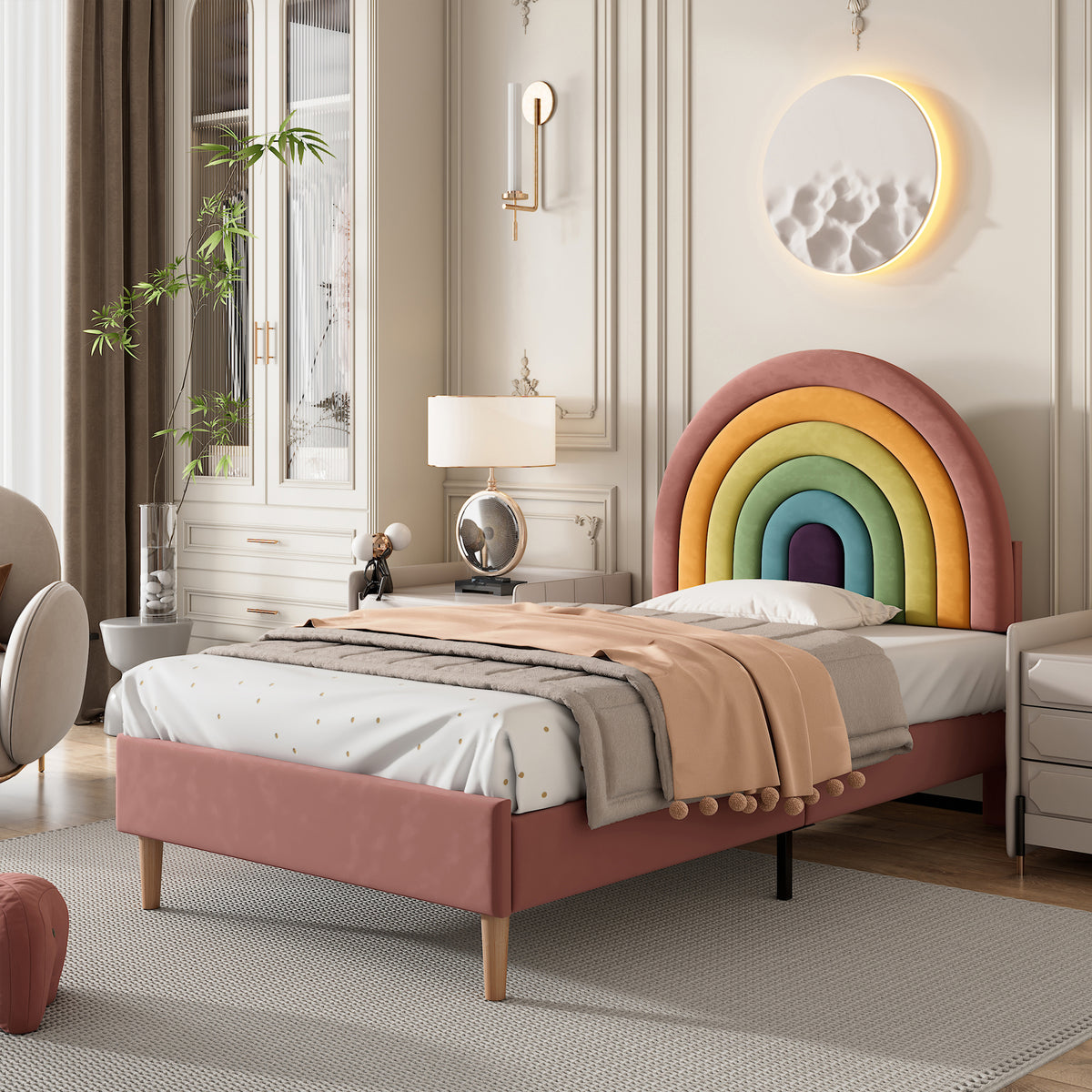 Pink velvet single bed frame with a colorful rainbow headboard, suitable for kids and teens, by HOMCOM.