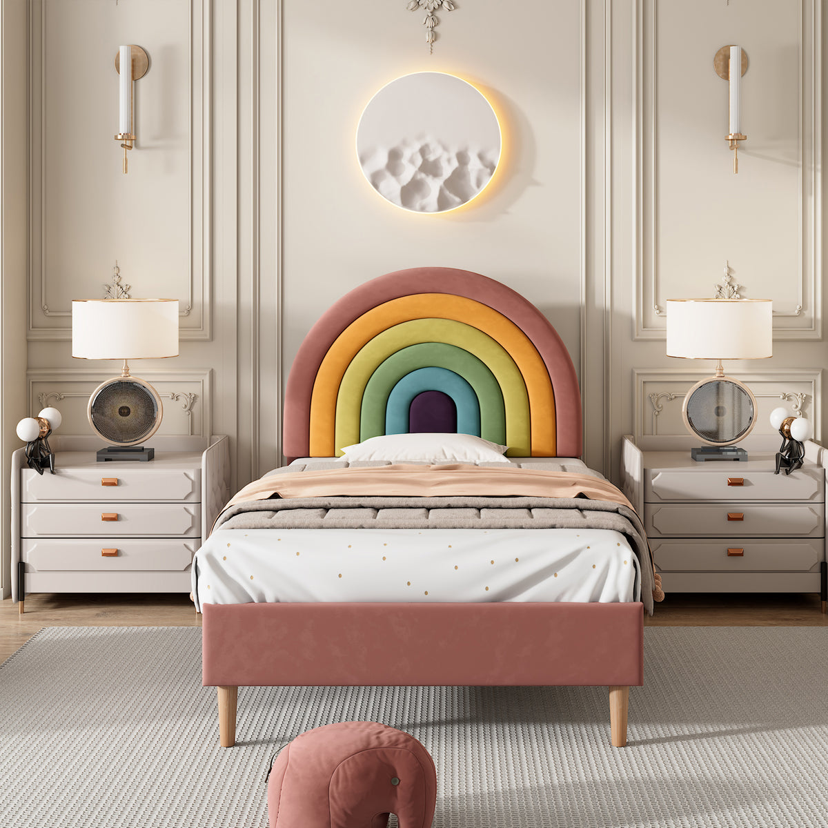 Pink velvet single bed frame with rainbow upholstered headboard, designed for kids and teens, by HOMCOM.