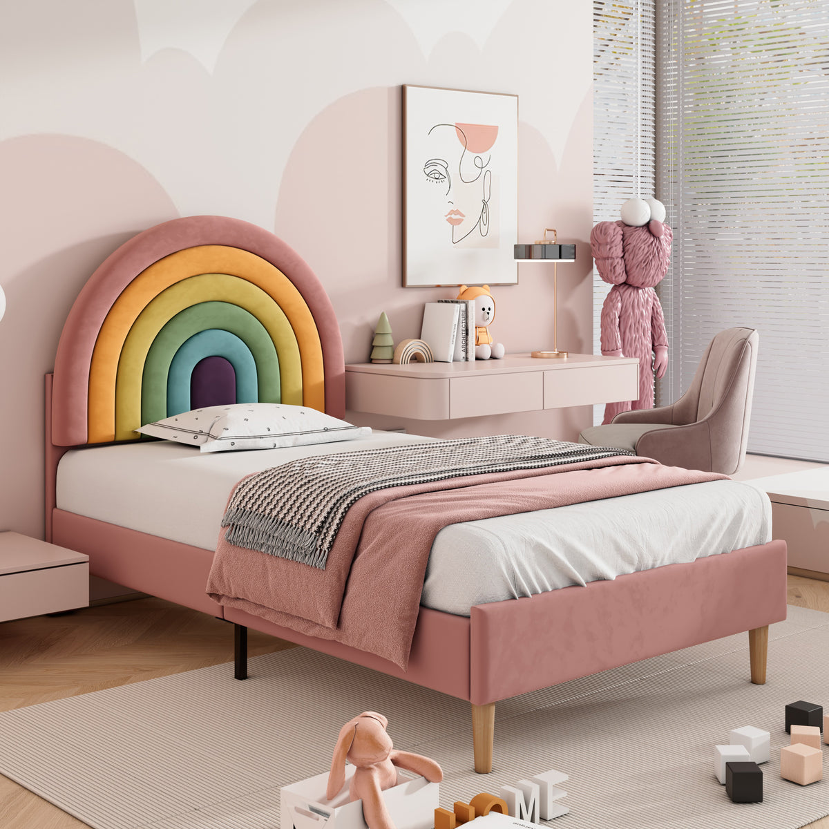 Pink velvet single bed frame with rainbow headboard, upholstered 3ft bed for kids and teens by HOMCOM.