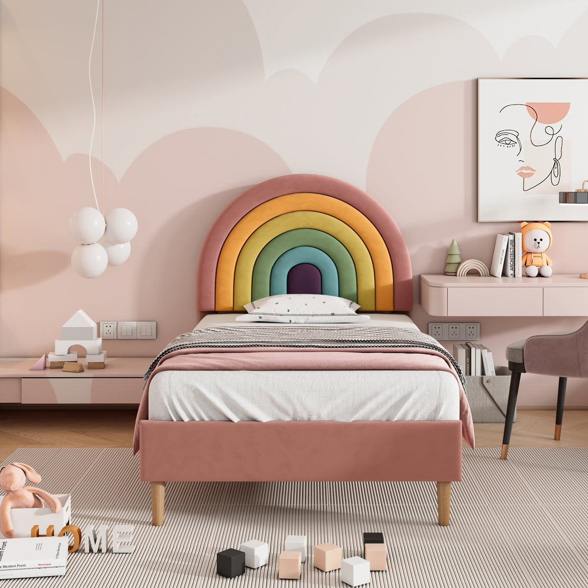 Pink velvet single bed frame with rainbow headboard, upholstered for kids and teens, 3ft size, by HOMCOM.