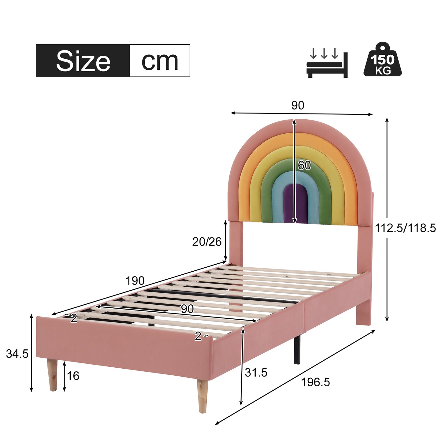Pink velvet single bed frame by HOMCOM with a colorful rainbow headboard, ideal for kids and teens, 3ft size.