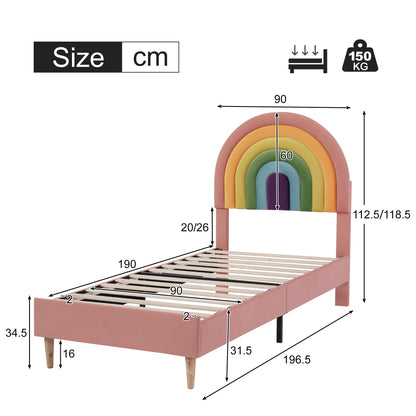 Pink velvet single bed frame by HOMCOM with a colorful rainbow headboard, ideal for kids and teens, 3ft size.