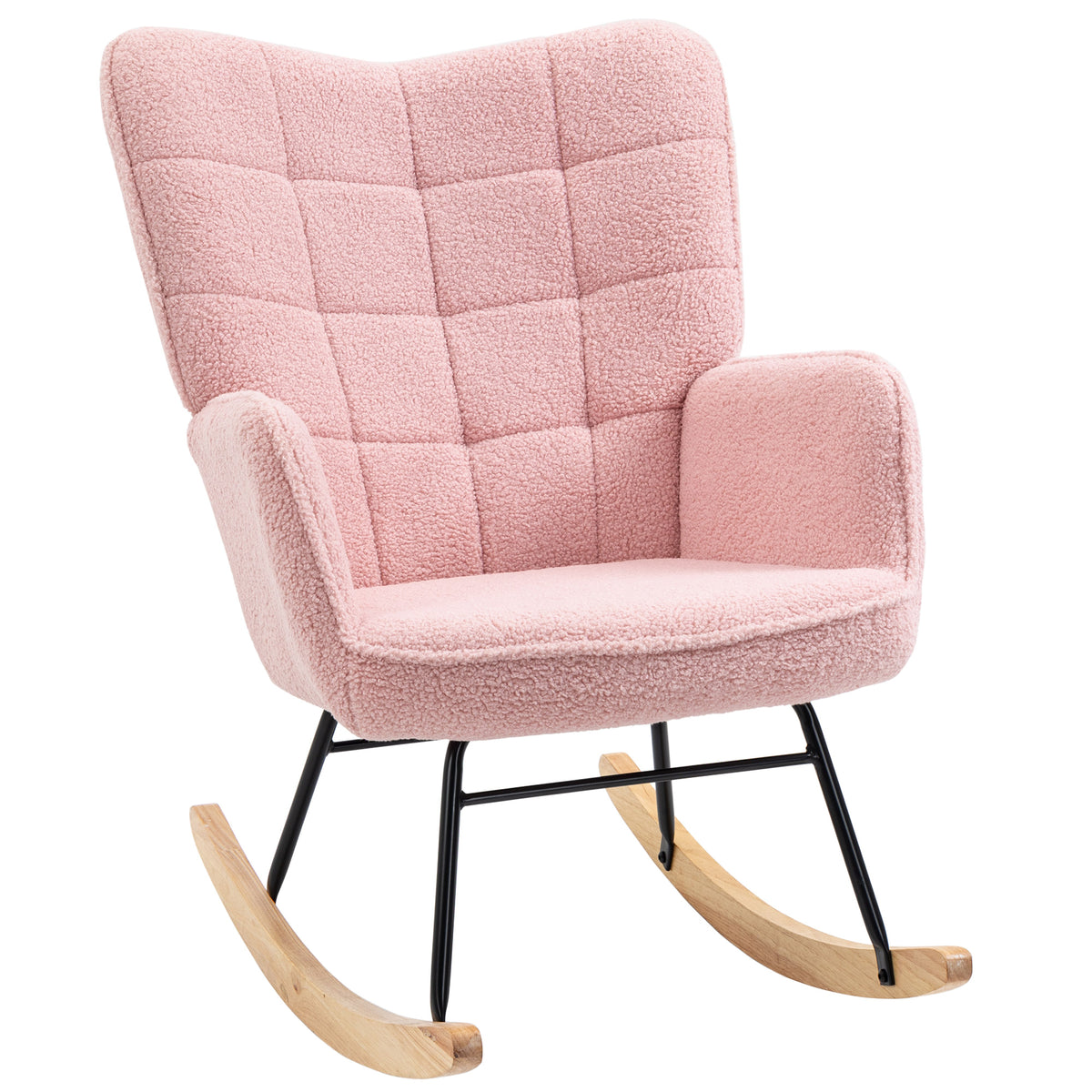 Pink HOMCOM soft fleecey rocking wingback chair with plush upholstery and curved wooden legs, designed for cozy comfort.