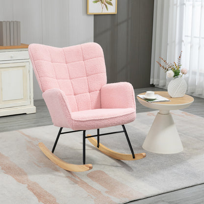 Pink soft fleecey rocking wingback chair by HOMCOM with plush cushions and sturdy wooden legs, perfect for cozy living spaces.