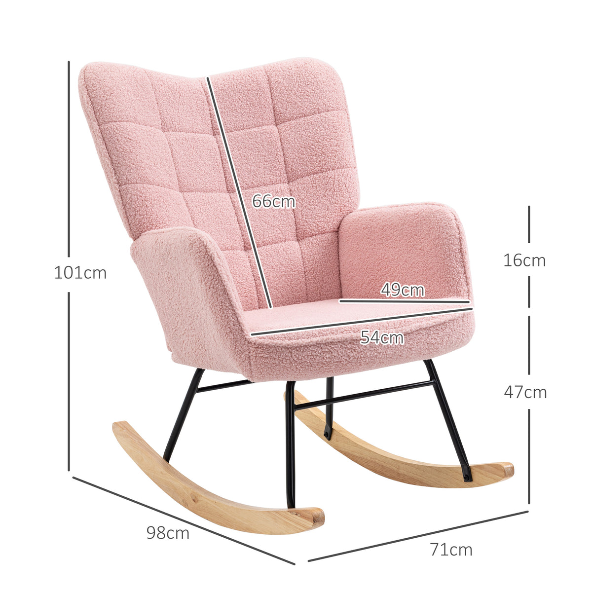 Pink HOMCOM soft fleecey rocking wingback chair with cushioned seat and high back in a cozy, stylish design.