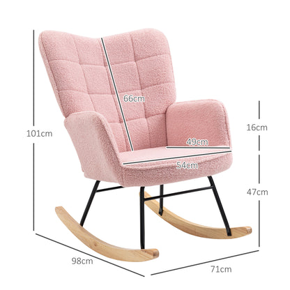 Pink HOMCOM soft fleecey rocking wingback chair with cushioned seat and high back in a cozy, stylish design.