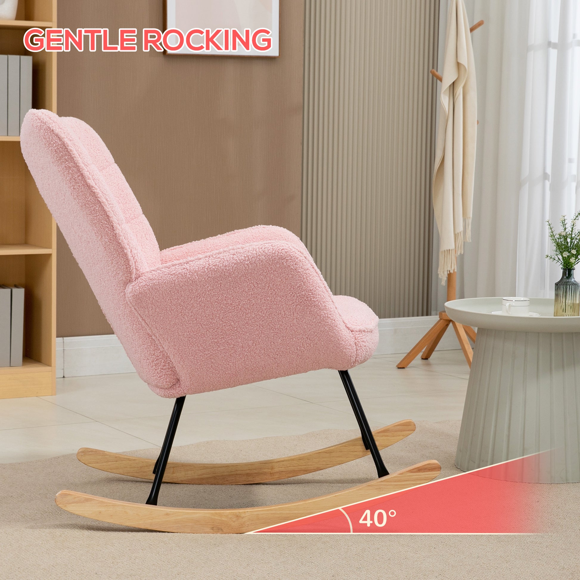 Pink HOMCOM soft fleecey rocking wingback chair with cushioned seat and high back for comfortable lounging.