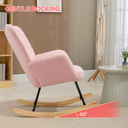 Pink HOMCOM soft fleecey rocking wingback chair with cushioned seat and high back for comfortable lounging.