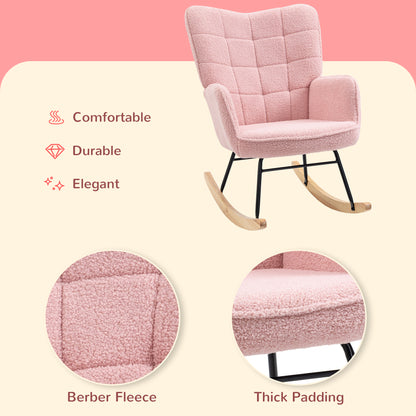 Pink HOMCOM soft fleecey rocking wingback chair with plush cushions and wooden rocking base, ideal for cozy living spaces.