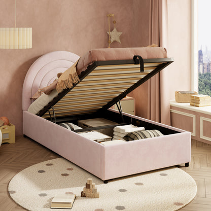 Pink upholstered HOMCOM single bed with slatted frame, headboard, velvet fabric, suitable for children, teens, and adults.