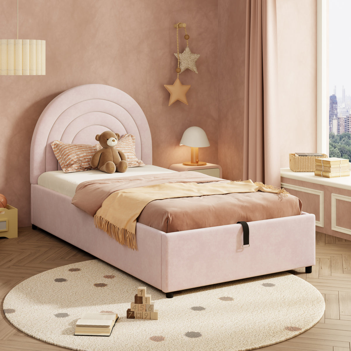 Pink upholstered HOMCOM single bed with slatted frame and velvet headboard, suitable for children, teens, and adults. Easy to assemble.