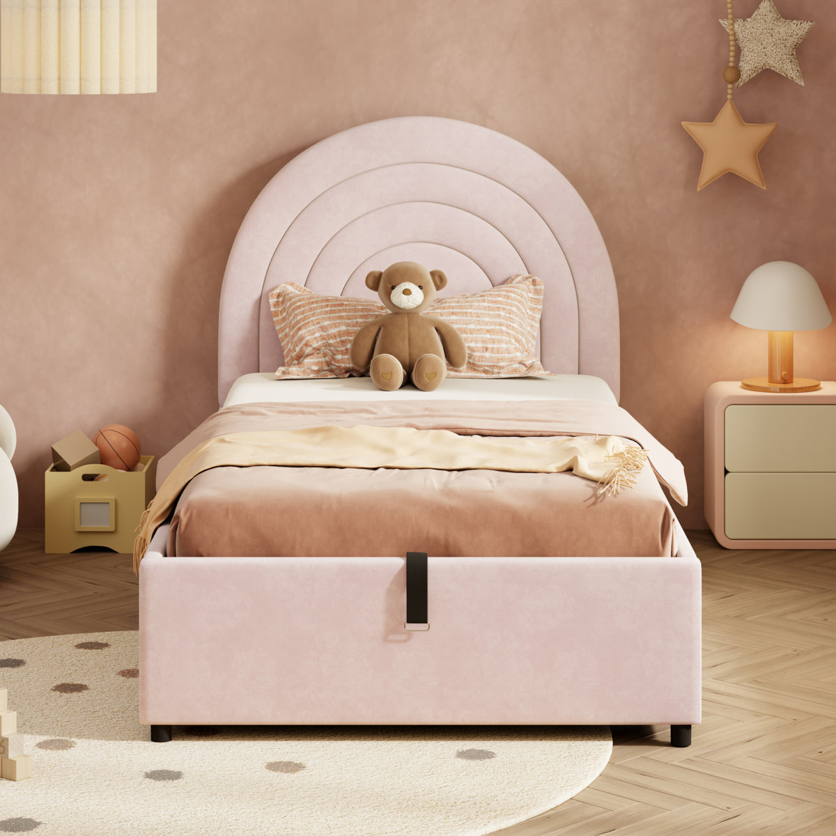 Pink upholstered single bed with wooden slats, headboard, velvet fabric, suitable for children, teens, and adults, easy to assemble.