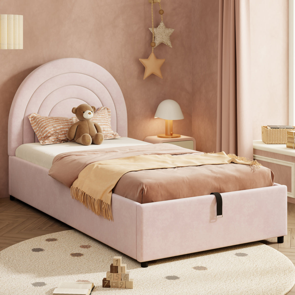 Pink upholstered HOMCOM single bed with velvet fabric, slatted frame, headboard, suitable for children, teens, and adults.