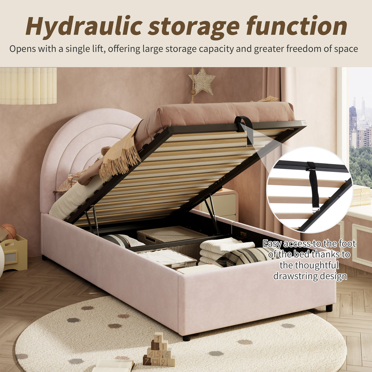 Pink velvet upholstered single bed with slatted frame and headboard, ideal for children, teens, and adults, easy to assemble.