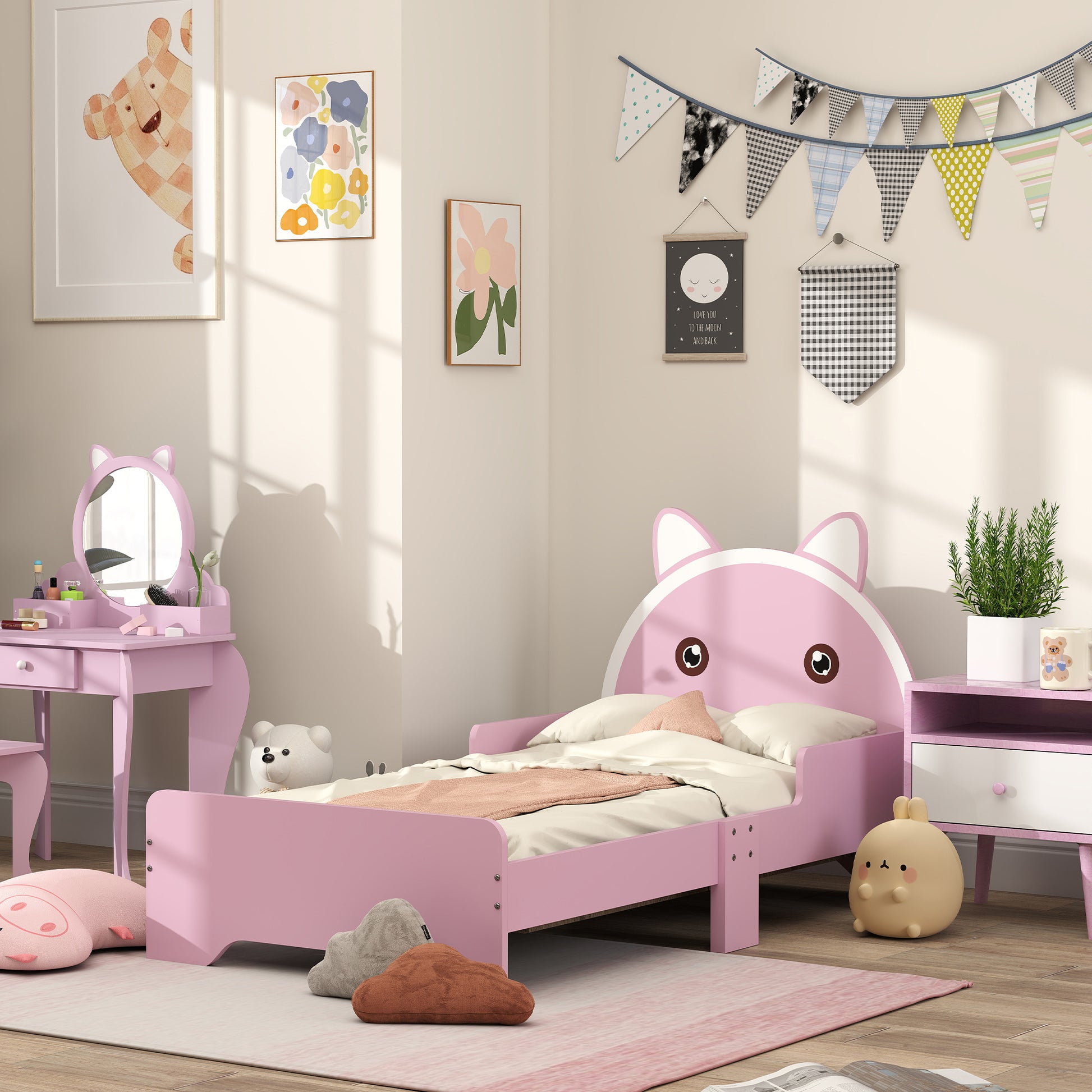 Pink HOMCOM ZONEKIZ kids’ toddler bed with cat design, guardrails, suitable for ages 3-6, measuring 143x74x72cm.