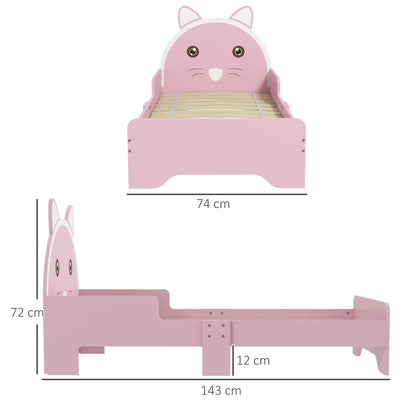 Pink HOMCOM ZONEKIZ toddler bed with cat design, guardrails, suitable for ages 3-6, 143cm long, 74cm wide, 72cm high.