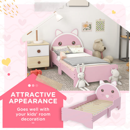 Pink HOMCOM Zonekiz kids’ toddler bed with cat design, guardrails, suitable for ages 3-6, dimensions 143x74x72 cm.