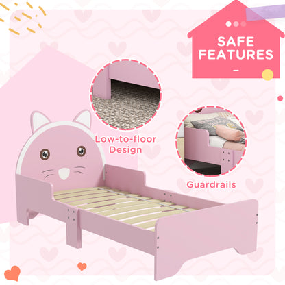 Pink HOMCOM ZONEKIZ kiddie bed with cat design, toddler bed frame with guardrails for ages 3-6, 143x74x72 cm.