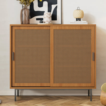 Walnut sideboard cabinet with rattan decorated doors and two sliding barn doors, adjustable shelves, measuring 10x37x90 cm.